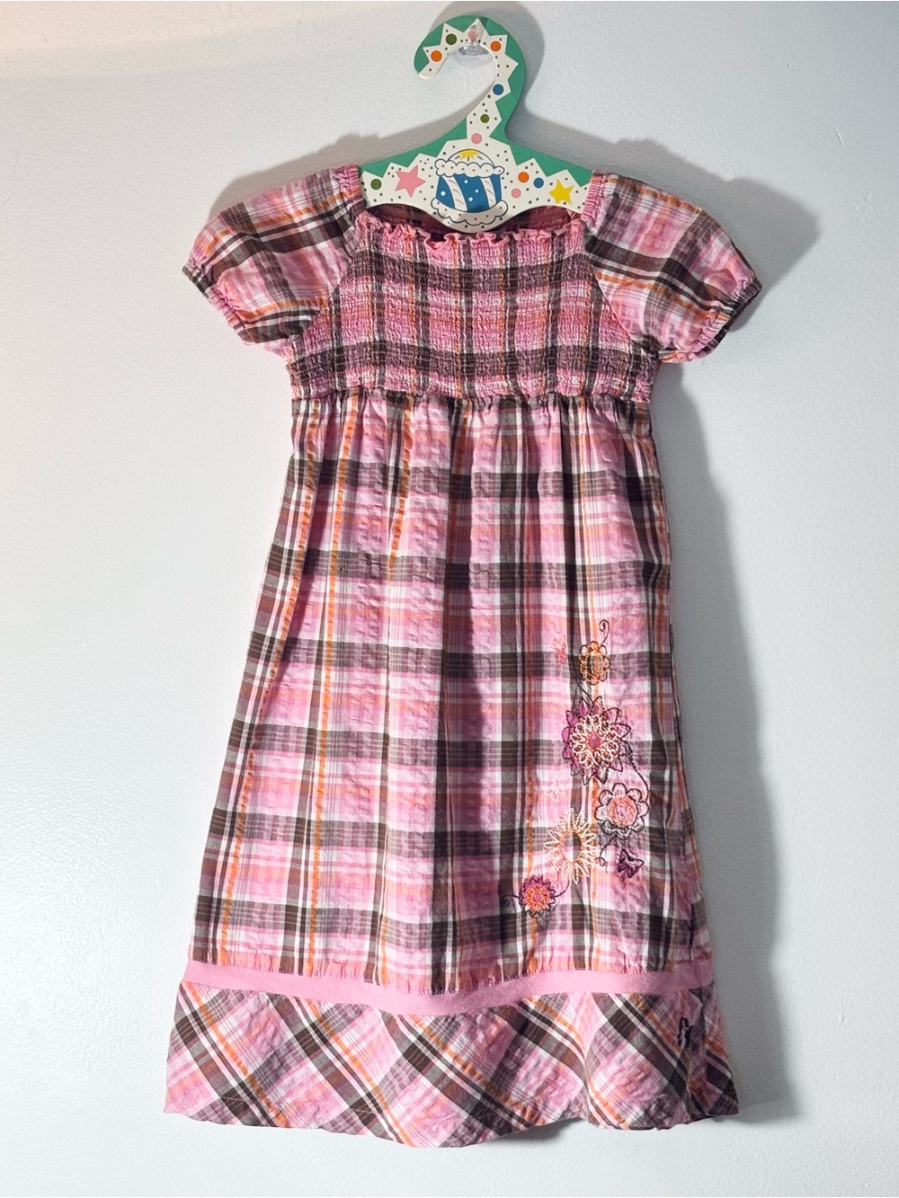 Vintage César & Rosalie Pink Brown Plaid Smocked Boho Dress Embroidered 4/5
